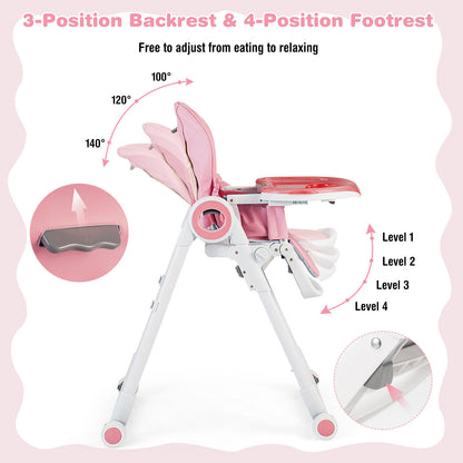 Baby High Chair Foldable Feeding Chair with 4 Lockable Wheels-Pink