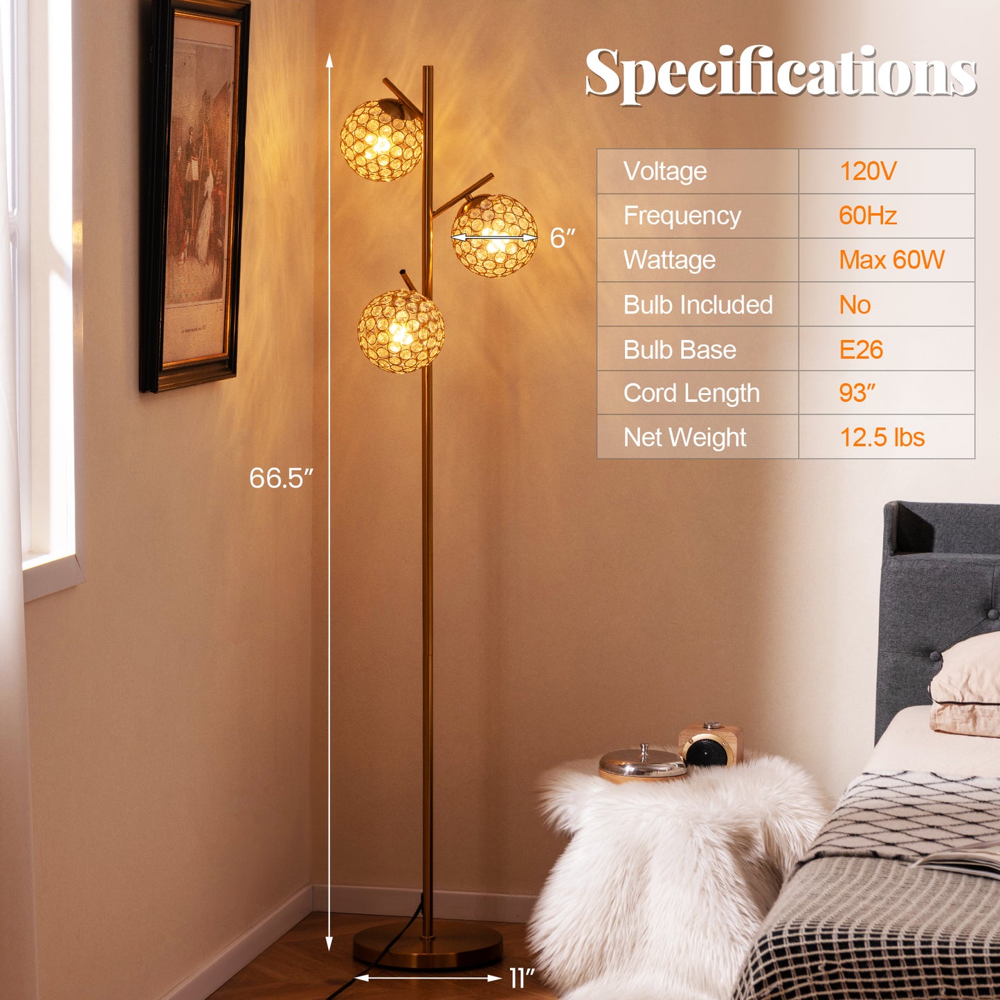 3-Globe Floor Lamp with Foot Switch and 3 E26 Bulb Bases-Golden Kids Crystal
