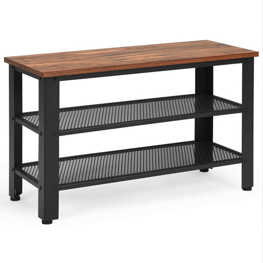 3-Tier Shoe Rack Industrial Shoe Bench with Storage Shelves-Brown Kids Crystal