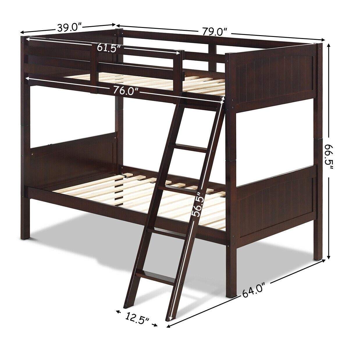 Twin Size Wooden Bunk Beds Convertible 2 Individual Beds-Brown Kids Crystal