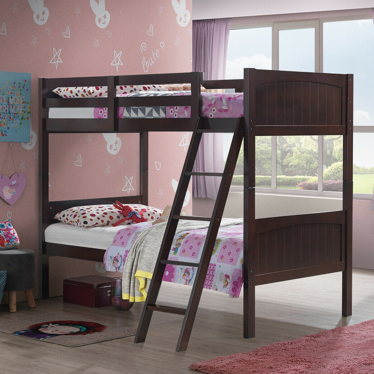 Twin Size Wooden Bunk Beds Convertible 2 Individual Beds-Brown Kids Crystal