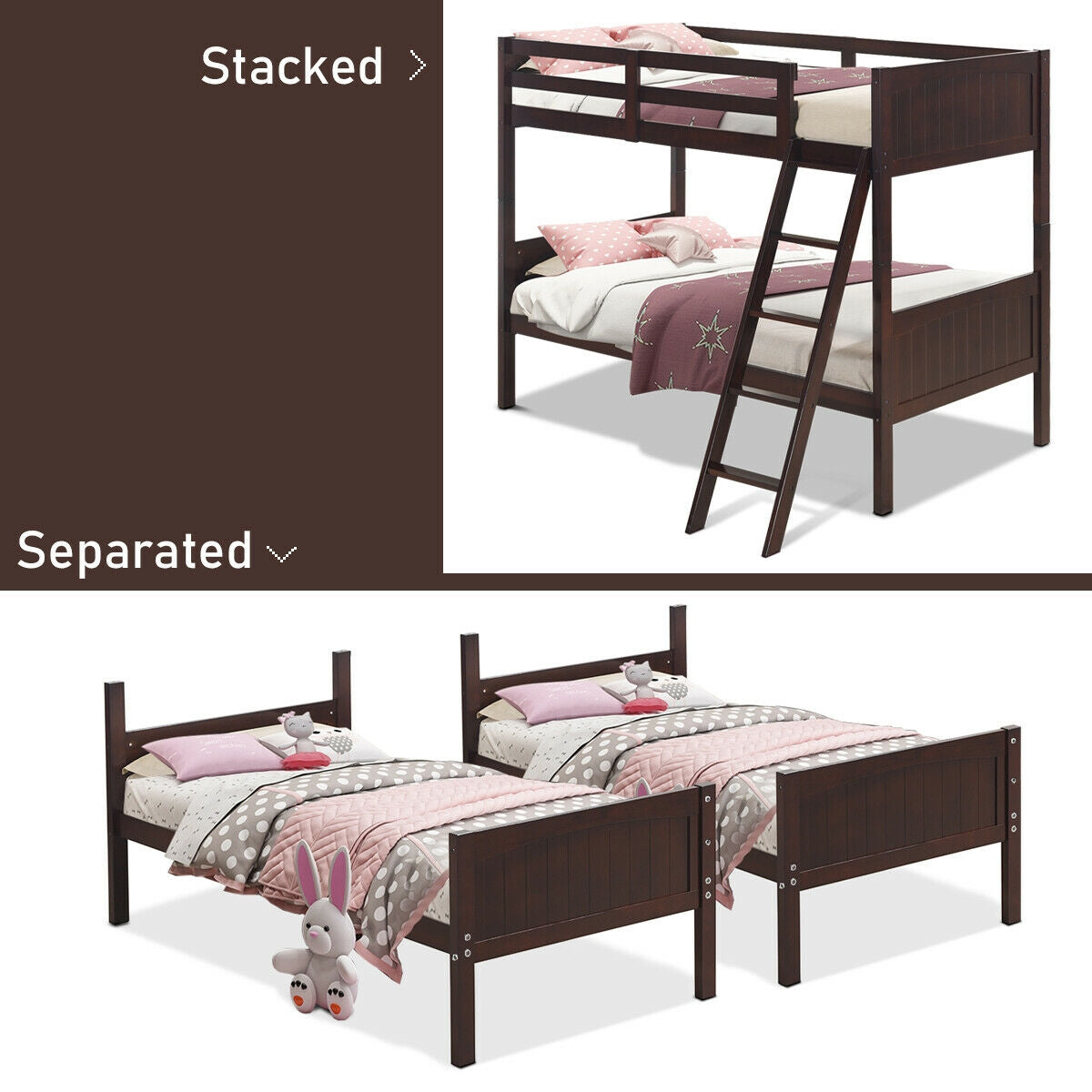 Twin Size Wooden Bunk Beds Convertible 2 Individual Beds-Brown Kids Crystal