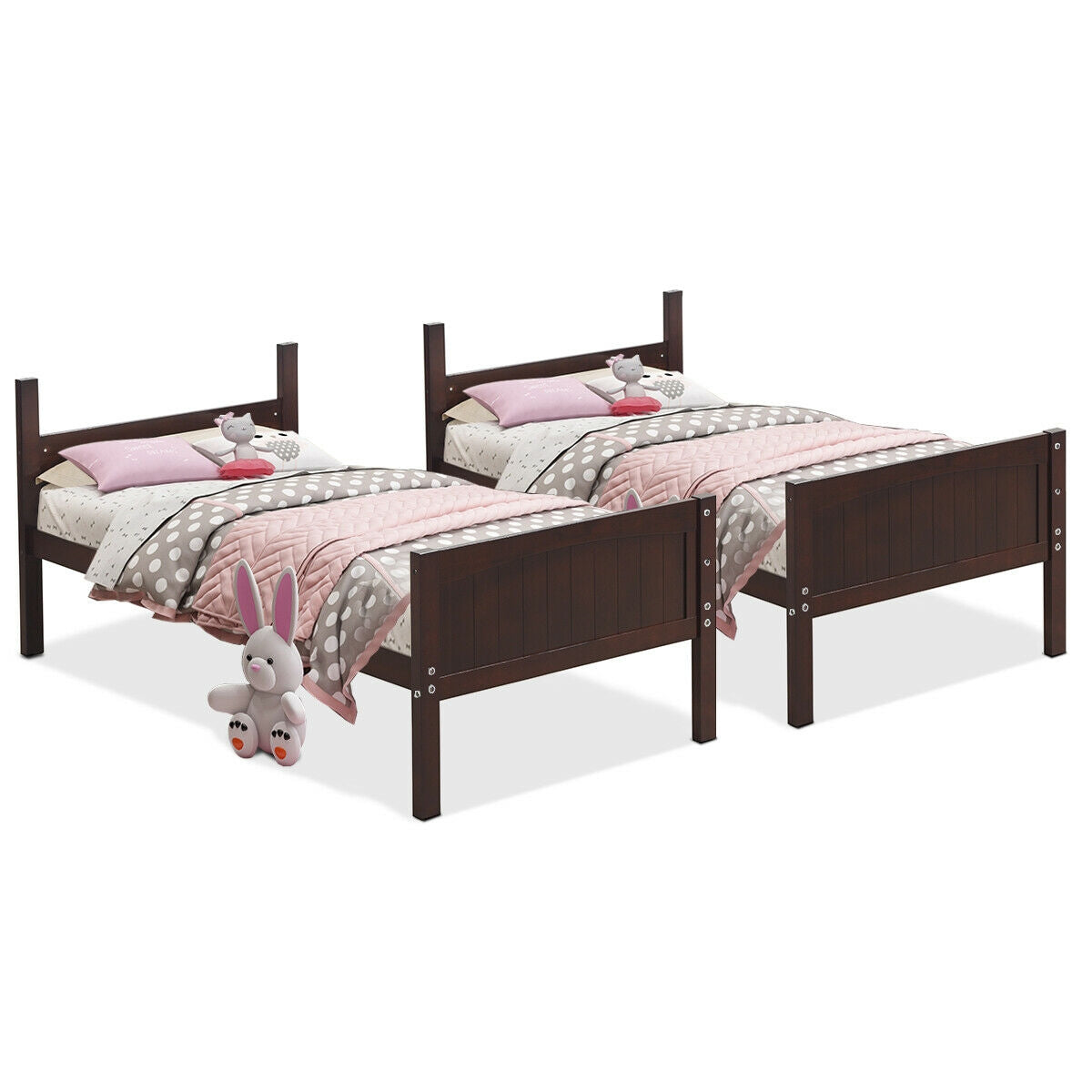 Twin Size Wooden Bunk Beds Convertible 2 Individual Beds-Brown Kids Crystal