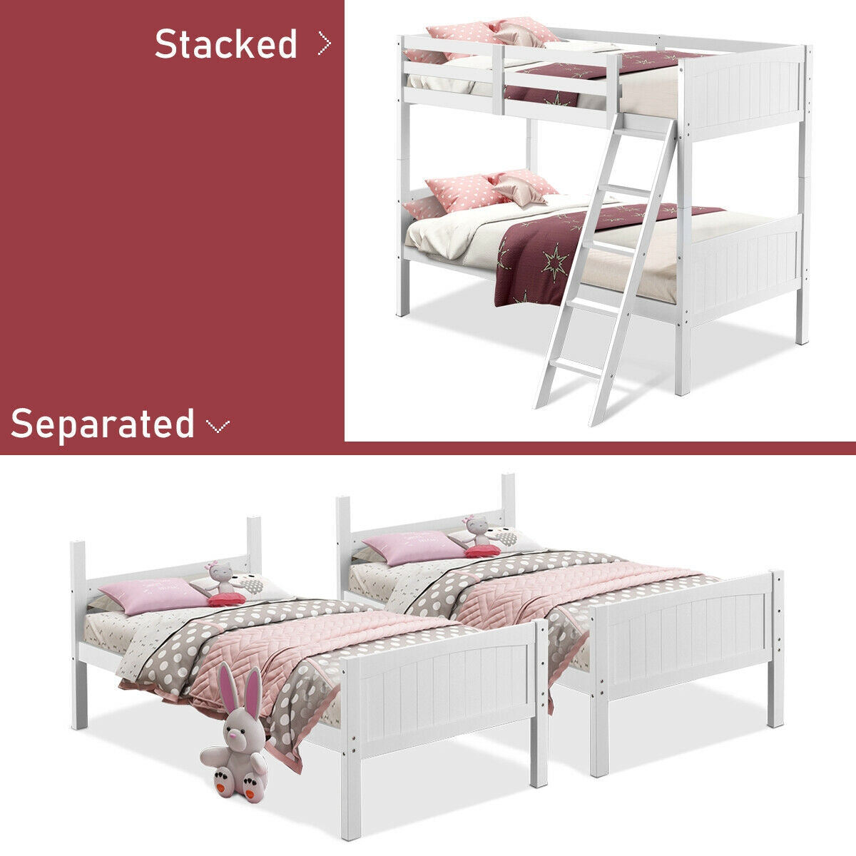 Twin Size Wooden Bunk Beds Convertible 2 Individual Beds-White Kids Crystal
