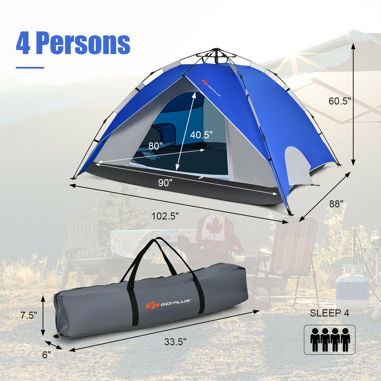 2-in-1 4 Person Instant Pop-up Waterproof Camping Tent-Blue Kids Crystal