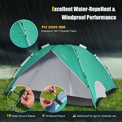2-in-1 4 Person Instant Pop-up Waterproof Camping Tent-Green