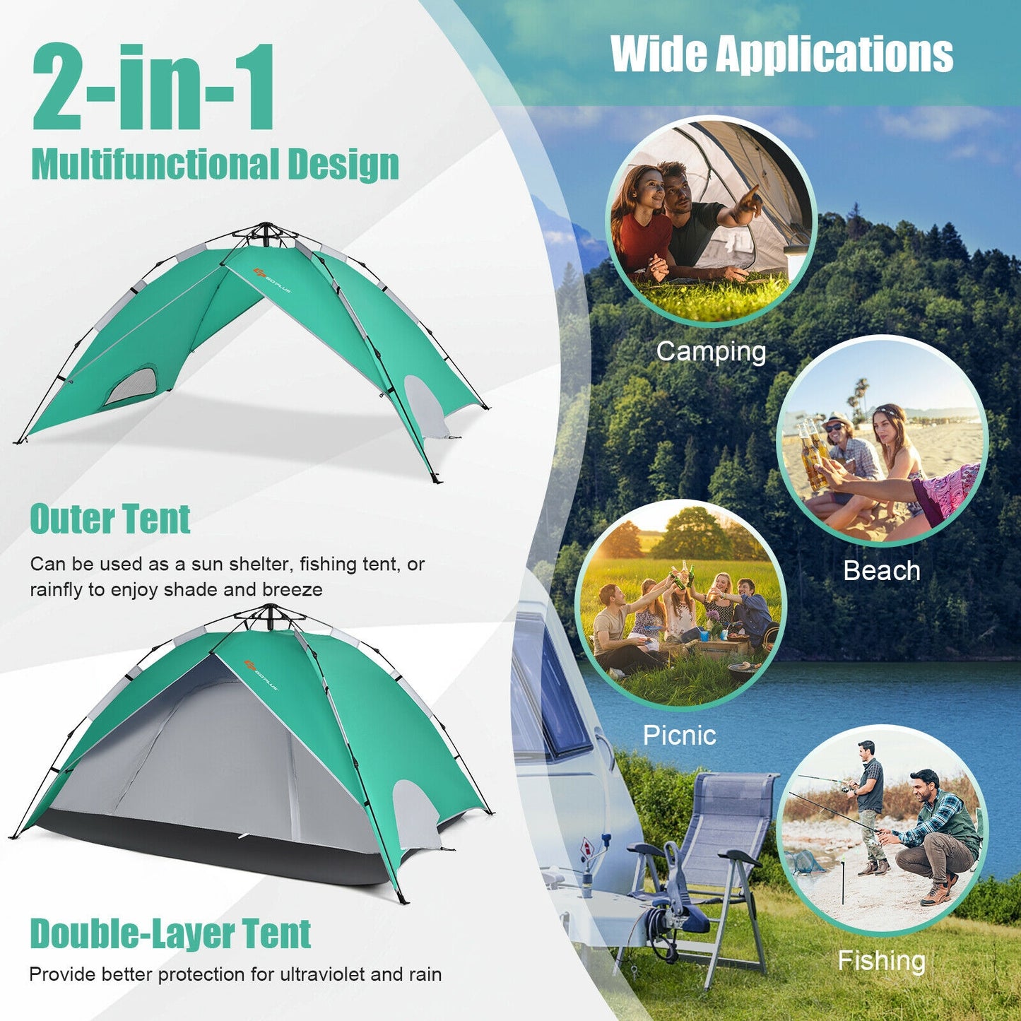 2-in-1 4 Person Instant Pop-up Waterproof Camping Tent-Green Kids Crystal