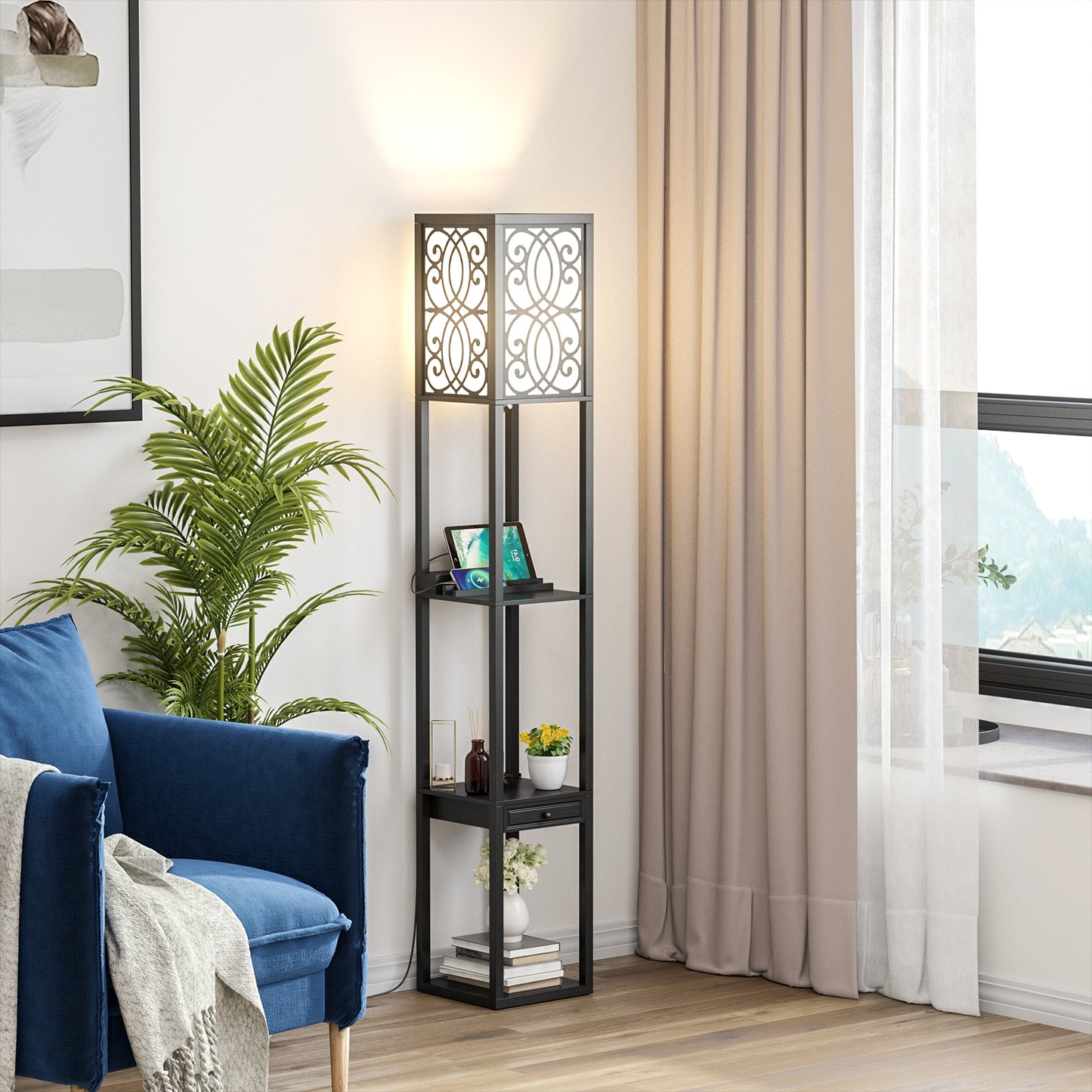 Modern  Standing Shelf Lamp with 1 Power Outlet and 2 USB Ports Kids Crystal