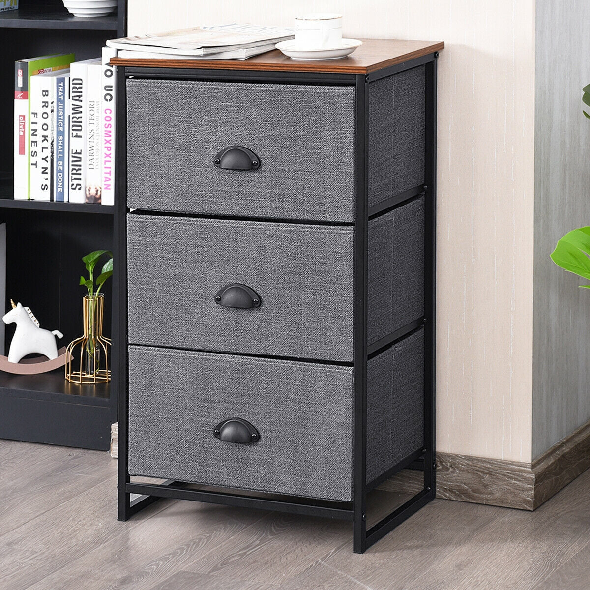 Nightstand Side Table Storage Tower Dresser Chest with 3 Drawers-Black Kids Crystal
