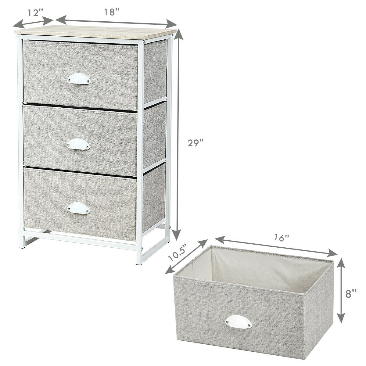 Nightstand Side Table Storage Tower Dresser Chest with 3 Drawers-Gray Kids Crystal