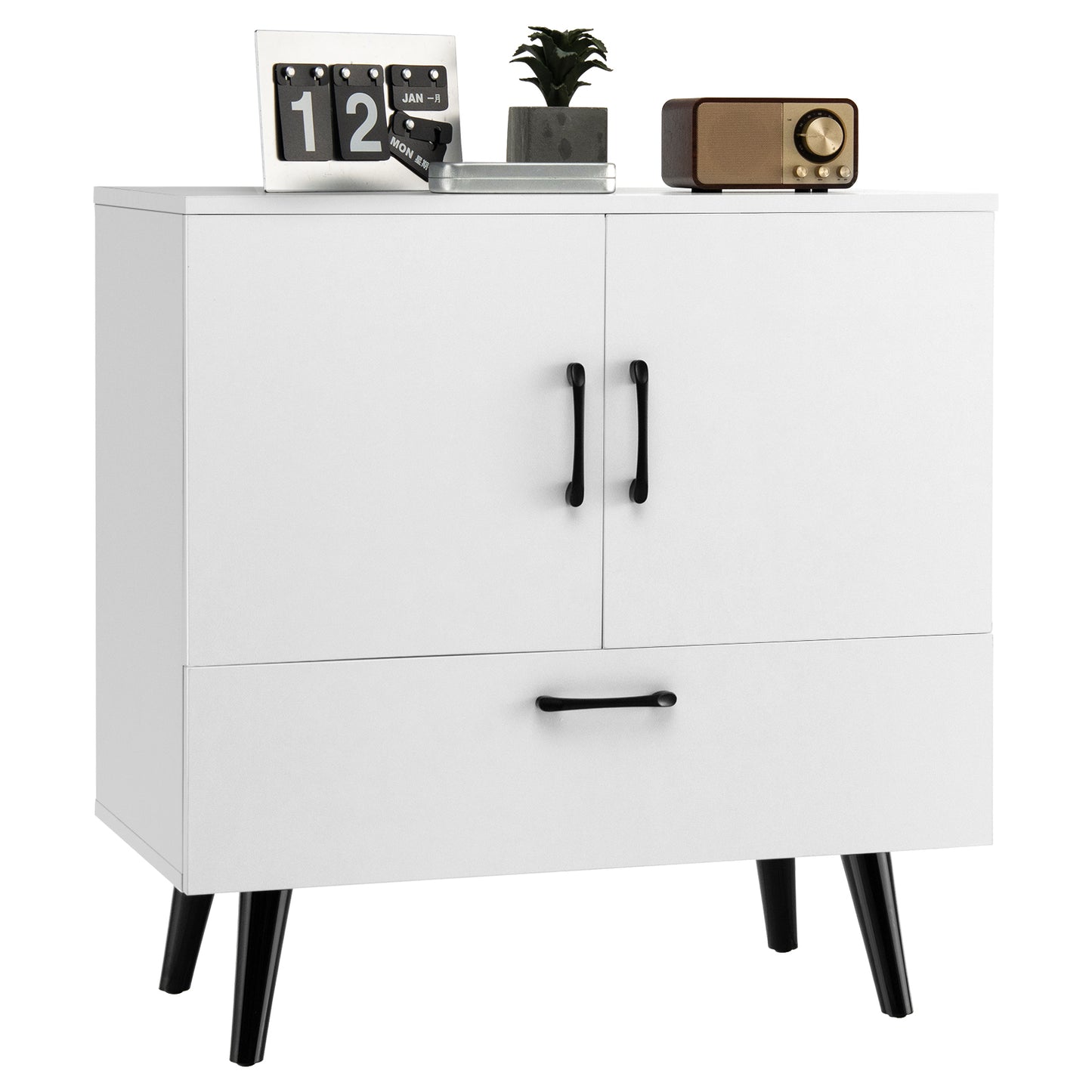 Mid Century Storage Cabinet with 2 Doors and 1 Pull-out Drawer-White Kids Crystal