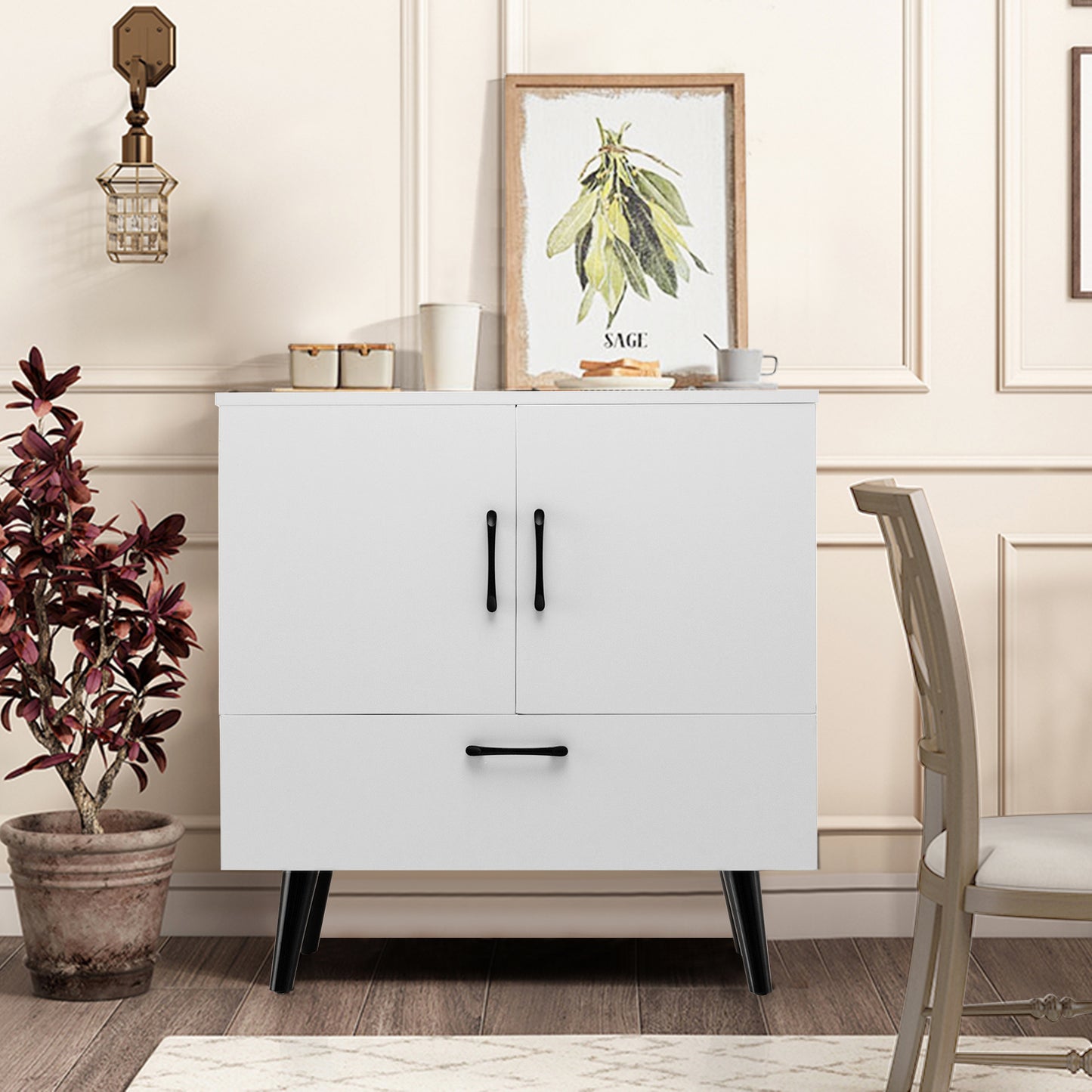 Mid Century Storage Cabinet with 2 Doors and 1 Pull-out Drawer-White Kids Crystal