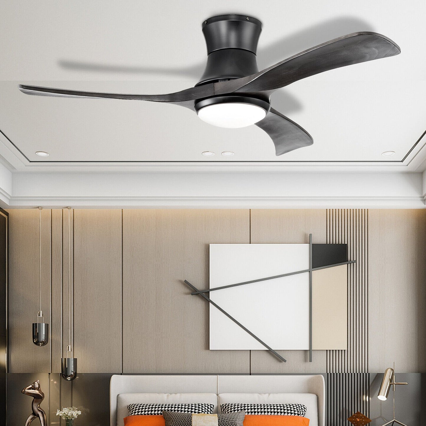 52 Inch Flush Mount Ceiling Fan with LED Light-Black Kids Crystal