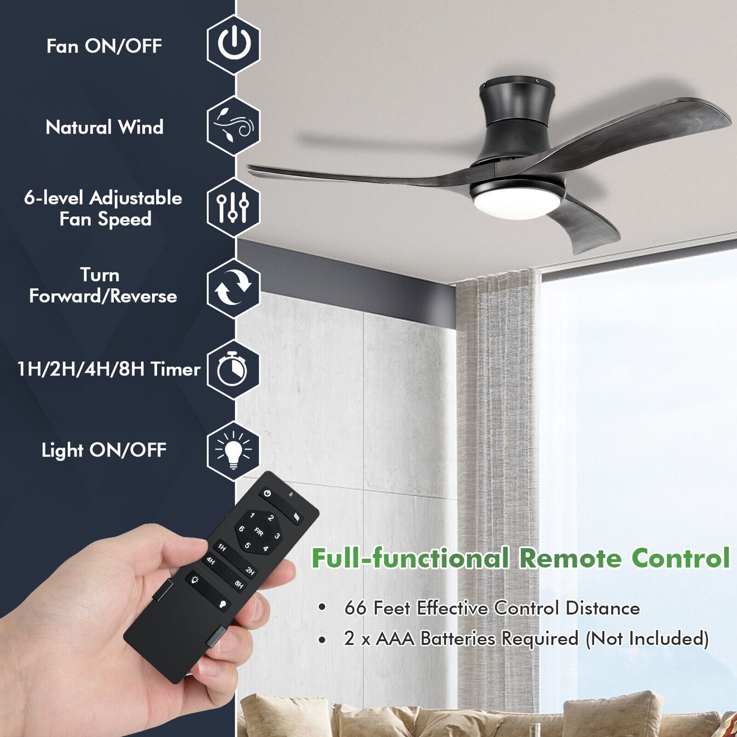 52 Inch Flush Mount Ceiling Fan with LED Light-Black Kids Crystal