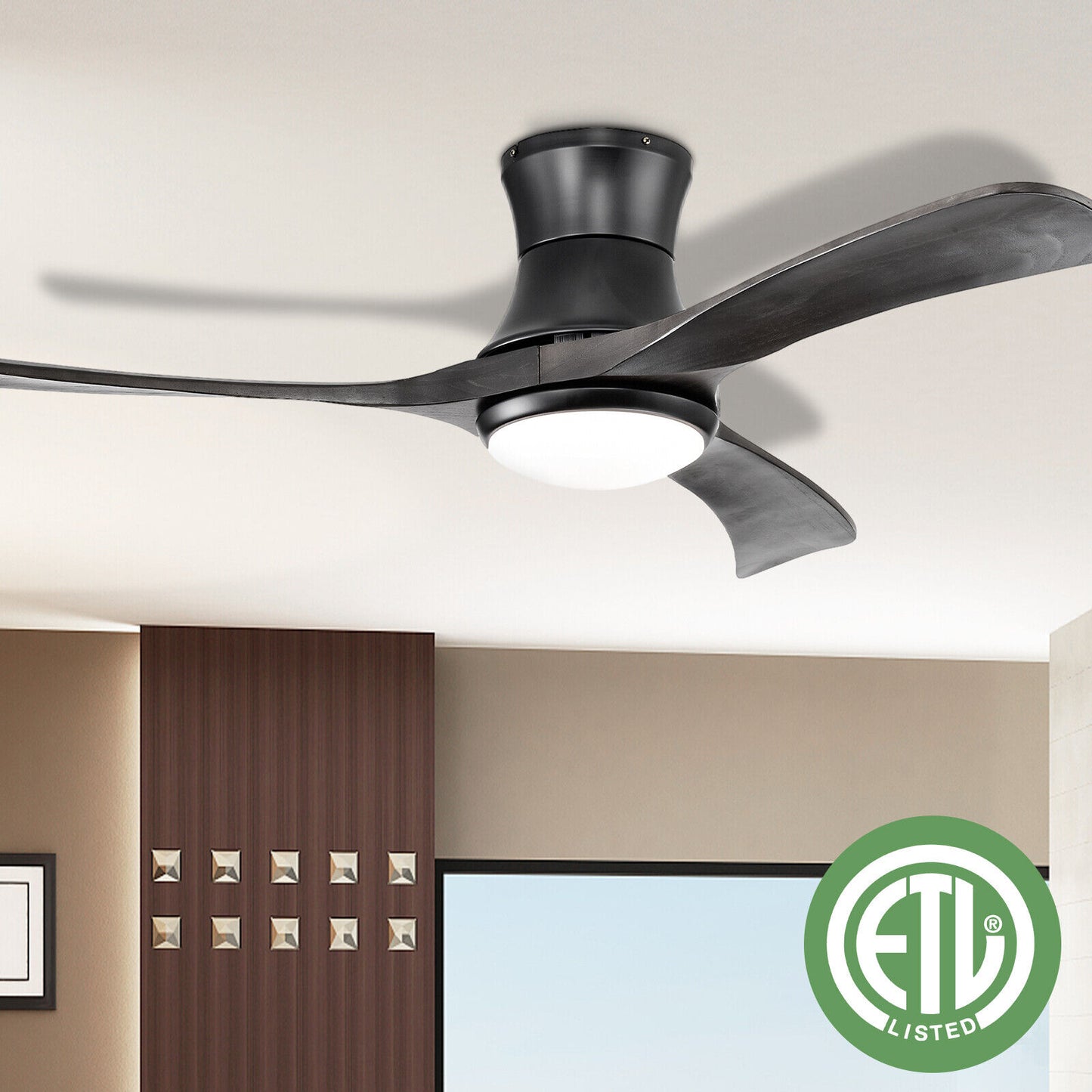52 Inch Flush Mount Ceiling Fan with LED Light-Black Kids Crystal