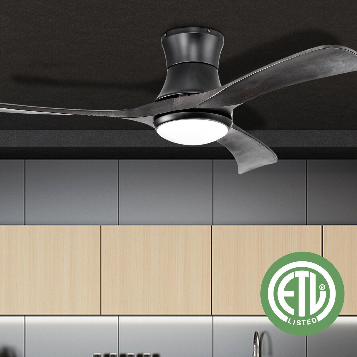 52 Inch Flush Mount Ceiling Fan with LED Light-Black Kids Crystal