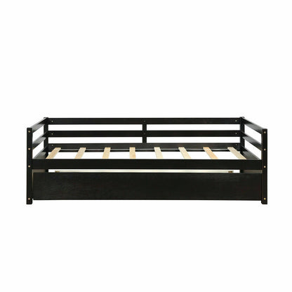 Twin Size Trundle Platform Bed Frame with Wooden Slat Support-Dark Brown
