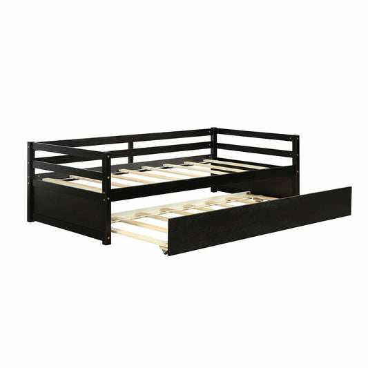 Twin Size Trundle Platform Bed Frame with Wooden Slat Support-Dark Brown Kids Crystal
