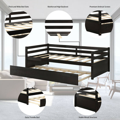 Twin Size Trundle Platform Bed Frame with Wooden Slat Support-Dark Brown