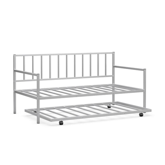 Twin Metal Daybed Sofa Bed Set with Roll Out Trundle-Silver Kids Crystal