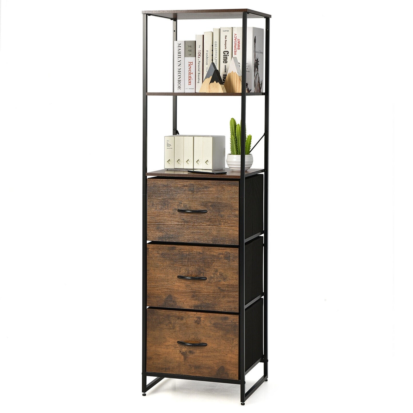 Freestanding Vertical 3 Drawer Dresser with 3 Shelves-Rustic Brown Kids Crystal