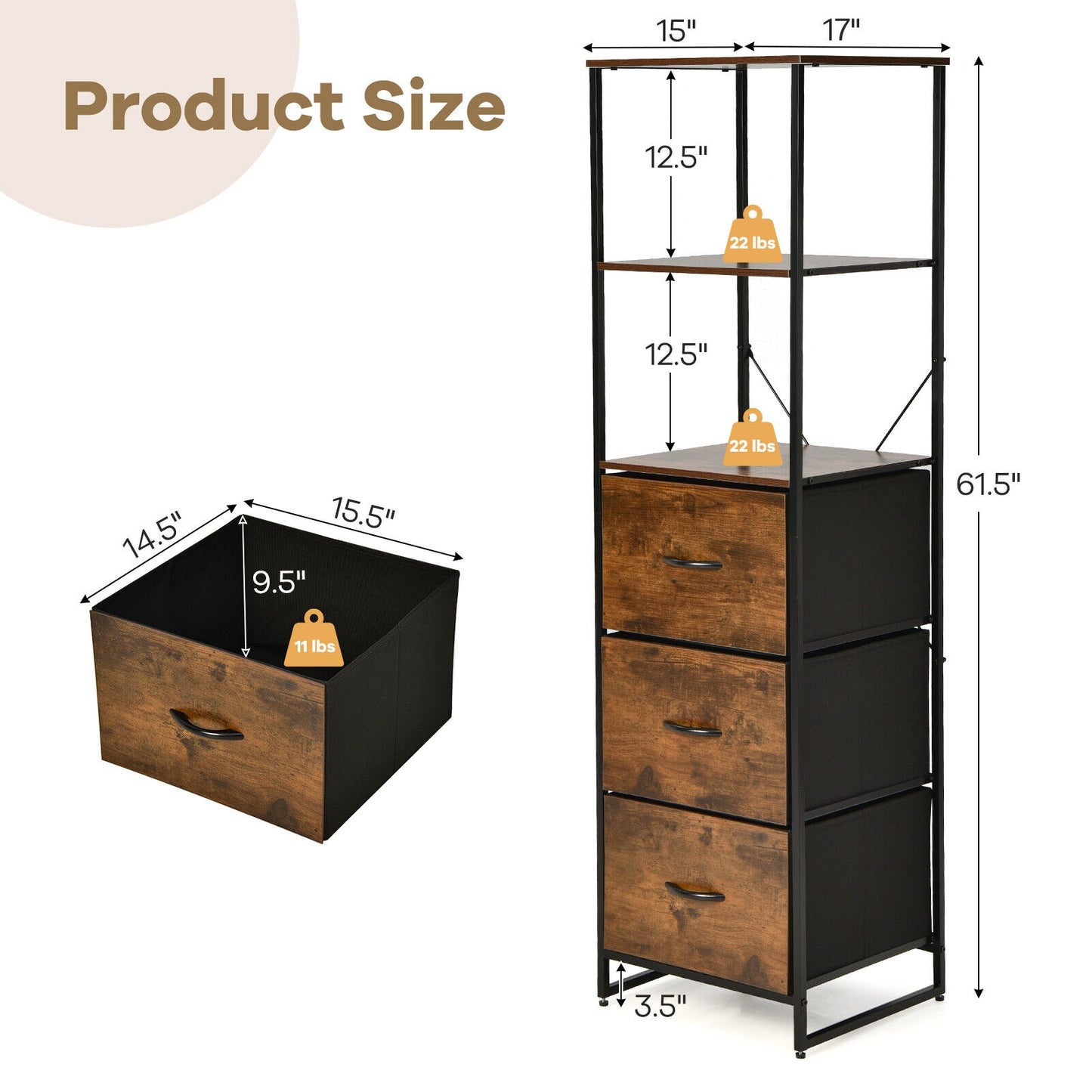 Freestanding Vertical 3 Drawer Dresser with 3 Shelves-Rustic Brown Kids Crystal