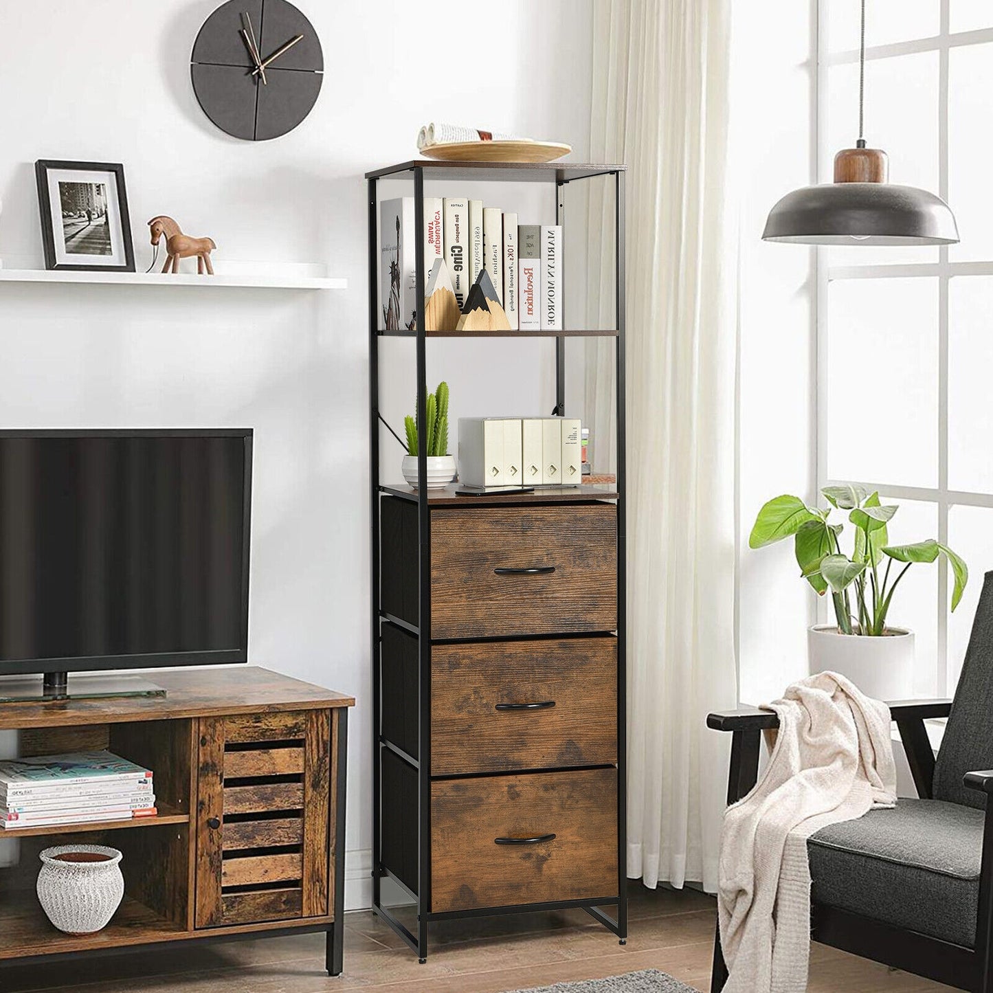 Freestanding Vertical 3 Drawer Dresser with 3 Shelves-Rustic Brown Kids Crystal