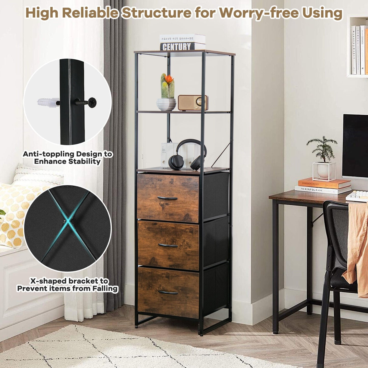 Freestanding Vertical 3 Drawer Dresser with 3 Shelves-Rustic Brown Kids Crystal