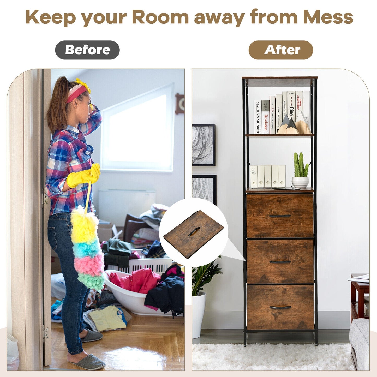 Freestanding Vertical 3 Drawer Dresser with 3 Shelves-Rustic Brown Kids Crystal
