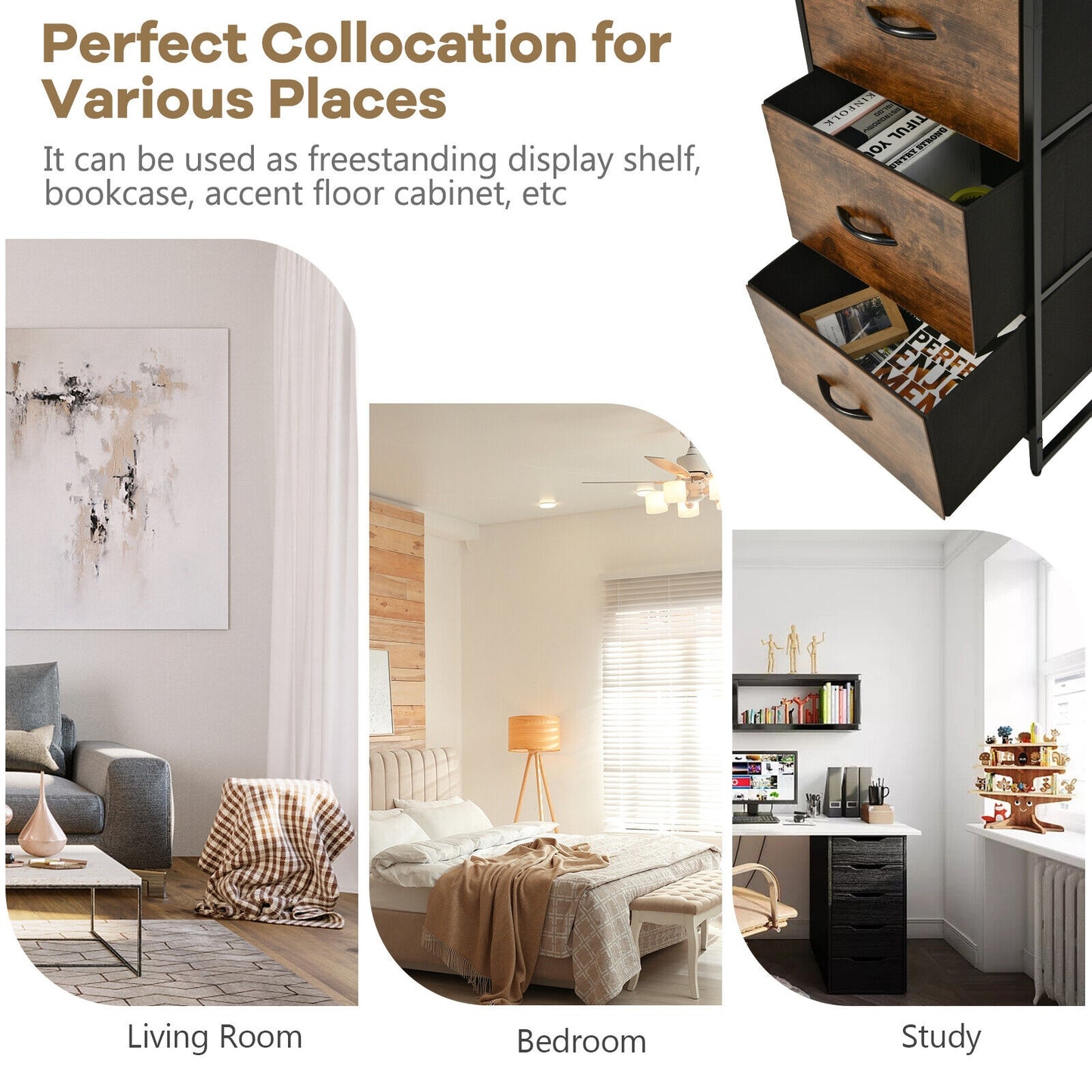 Freestanding Vertical 3 Drawer Dresser with 3 Shelves-Rustic Brown Kids Crystal