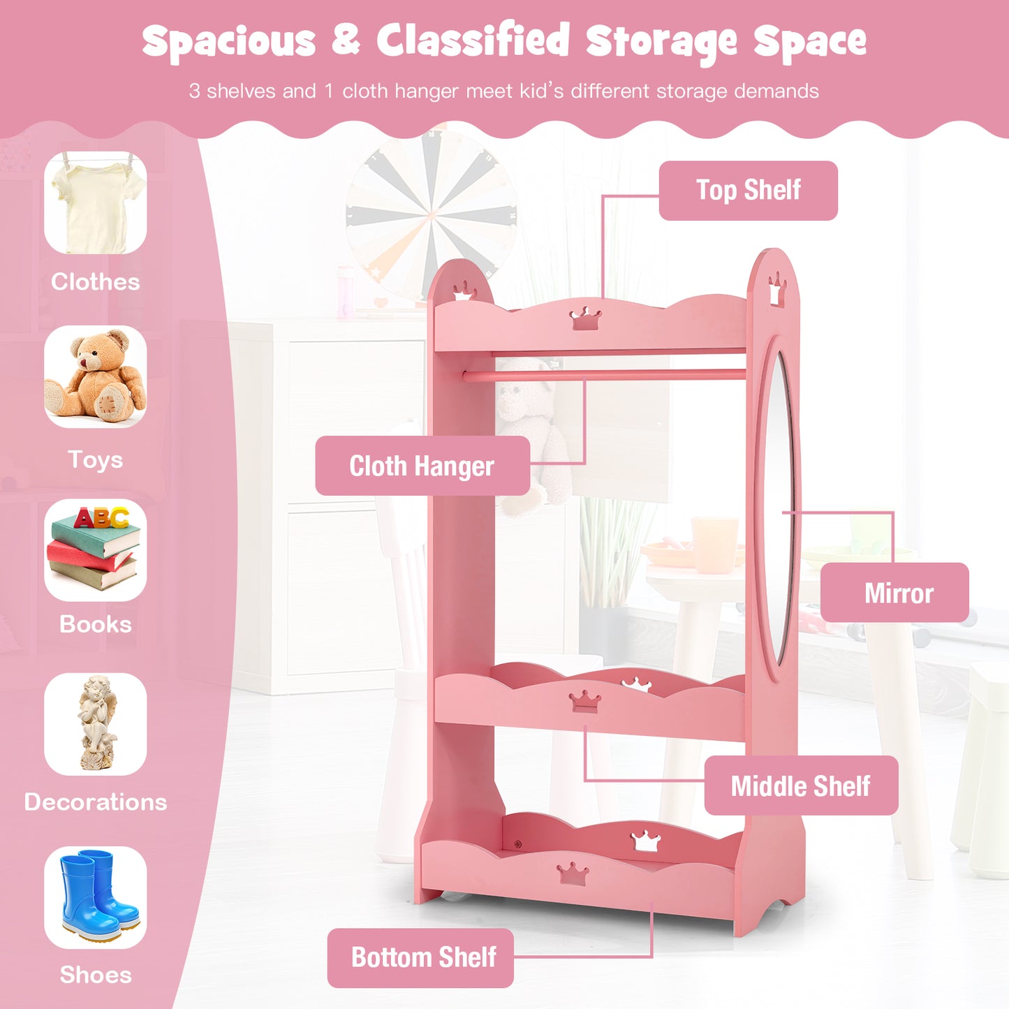 Kids Pretend Costume Closet with Mirror-Pink Kids Crystal