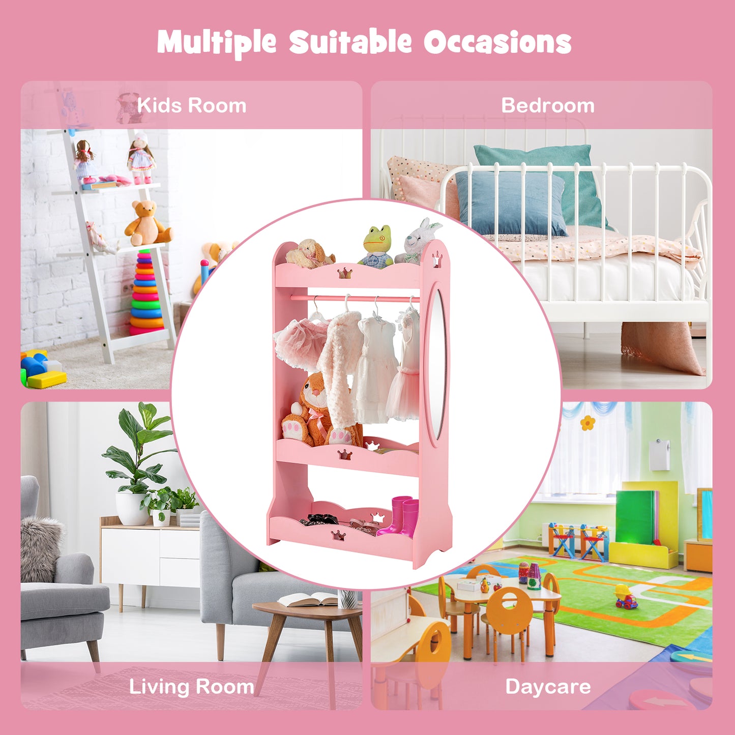 Kids Pretend Costume Closet with Mirror-Pink Kids Crystal