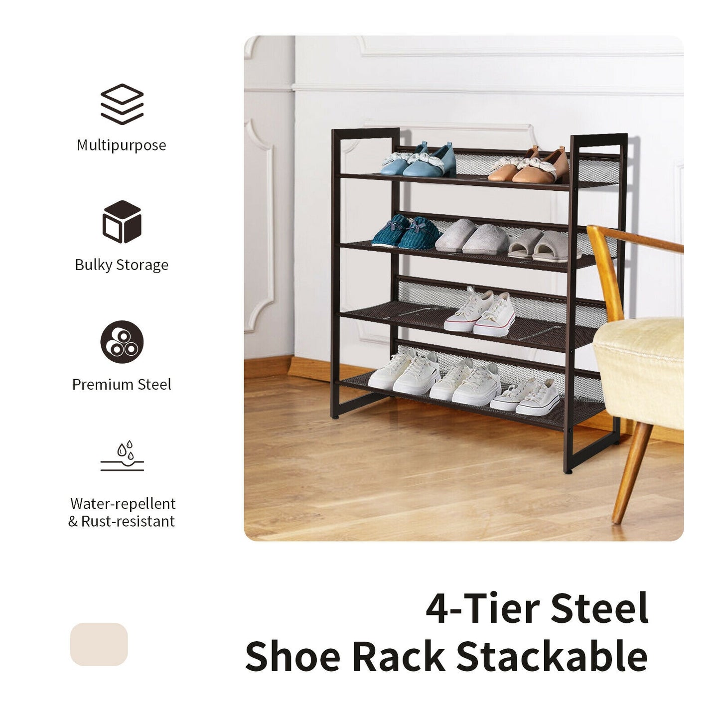 2/3/4 Tiers Flat and Slant Metal Shoe Rack for Entryway Hallway-4-Tier Kids Crystal