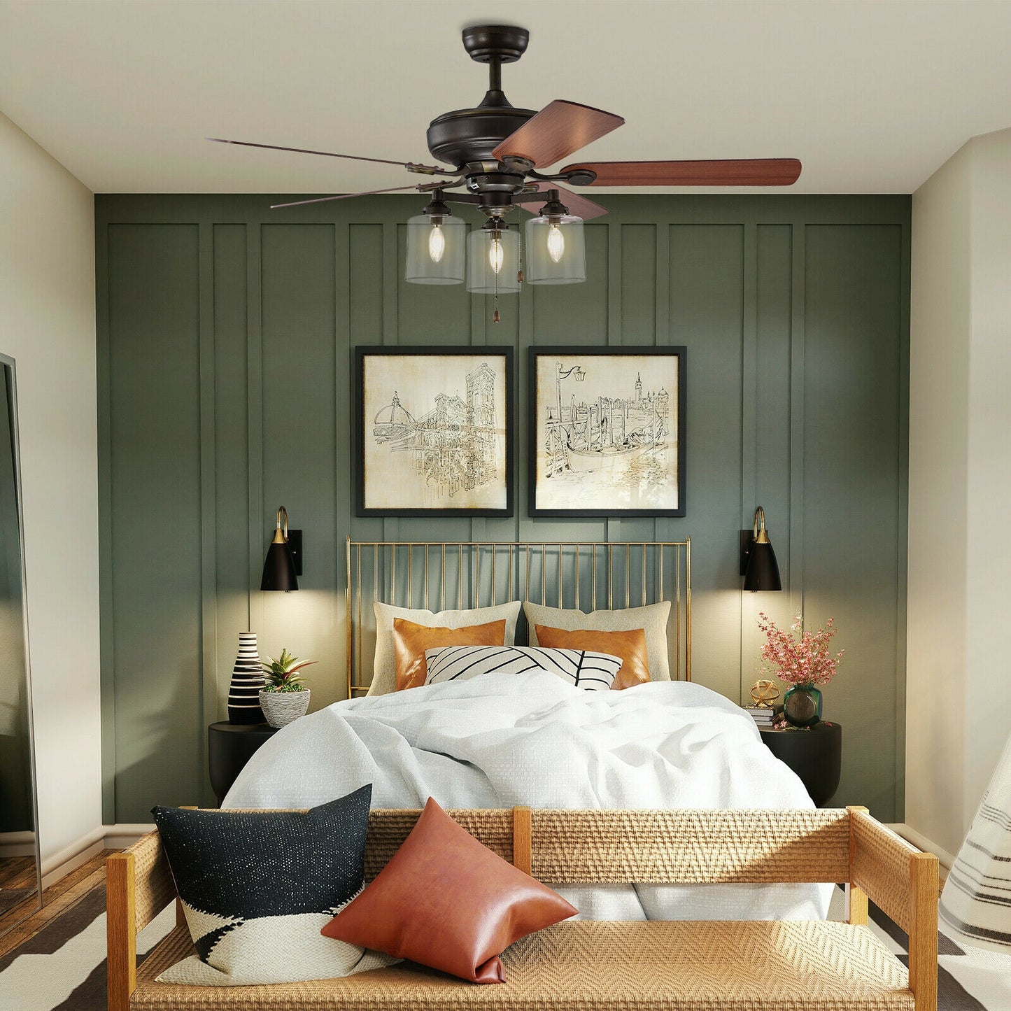 52 Inch Ceiling Fan Light with Pull Chain and 5 Bronze Finished Reversible Blades Kids Crystal