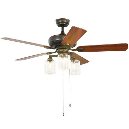 52 Inch Ceiling Fan Light with Pull Chain and 5 Bronze Finished Reversible Blades Kids Crystal