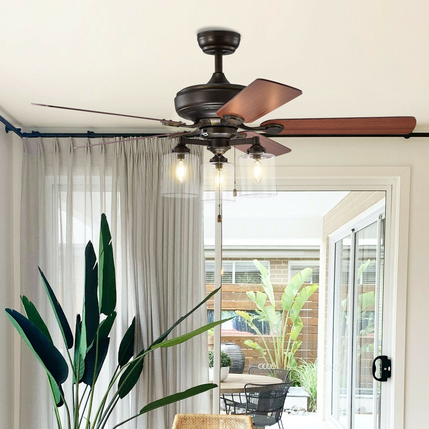 52 Inch Ceiling Fan Light with Pull Chain and 5 Bronze Finished Reversible Blades Kids Crystal