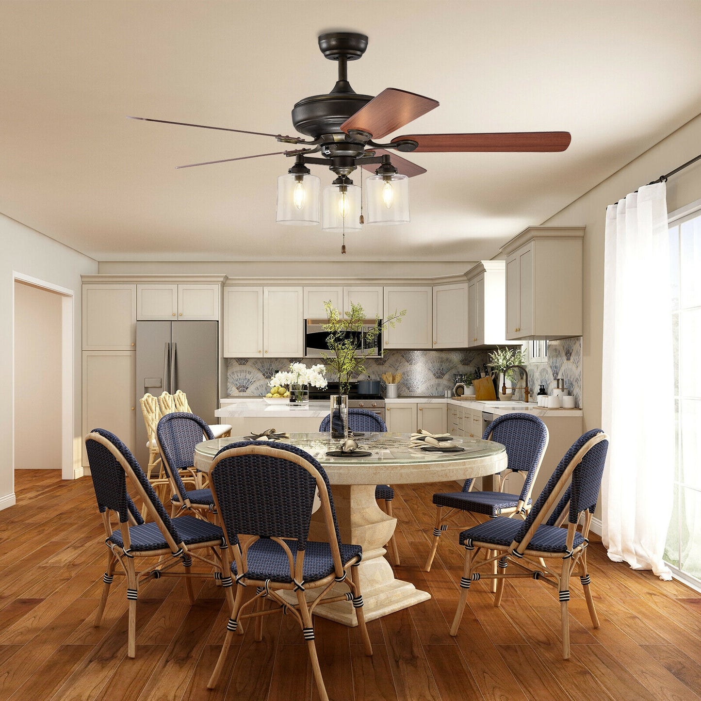52 Inch Ceiling Fan Light with Pull Chain and 5 Bronze Finished Reversible Blades Kids Crystal