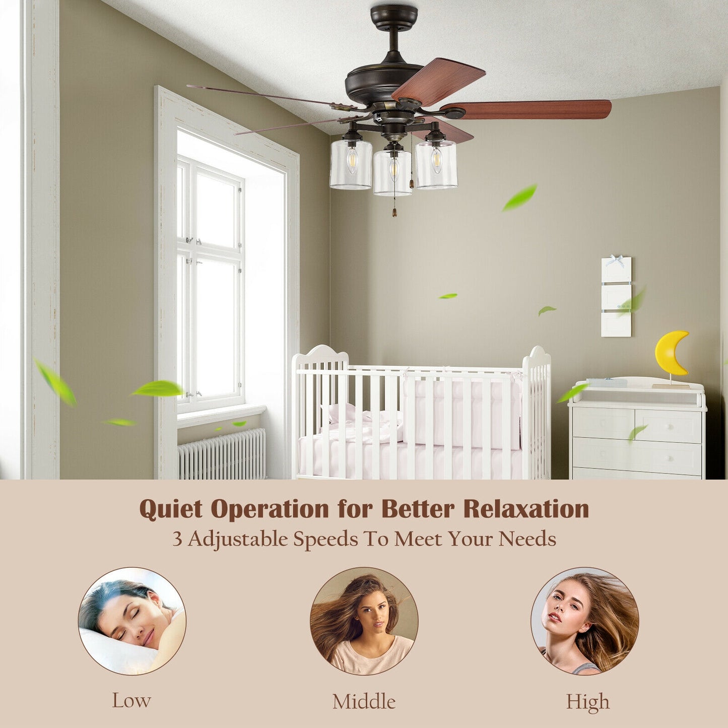 52 Inch Ceiling Fan Light with Pull Chain and 5 Bronze Finished Reversible Blades Kids Crystal