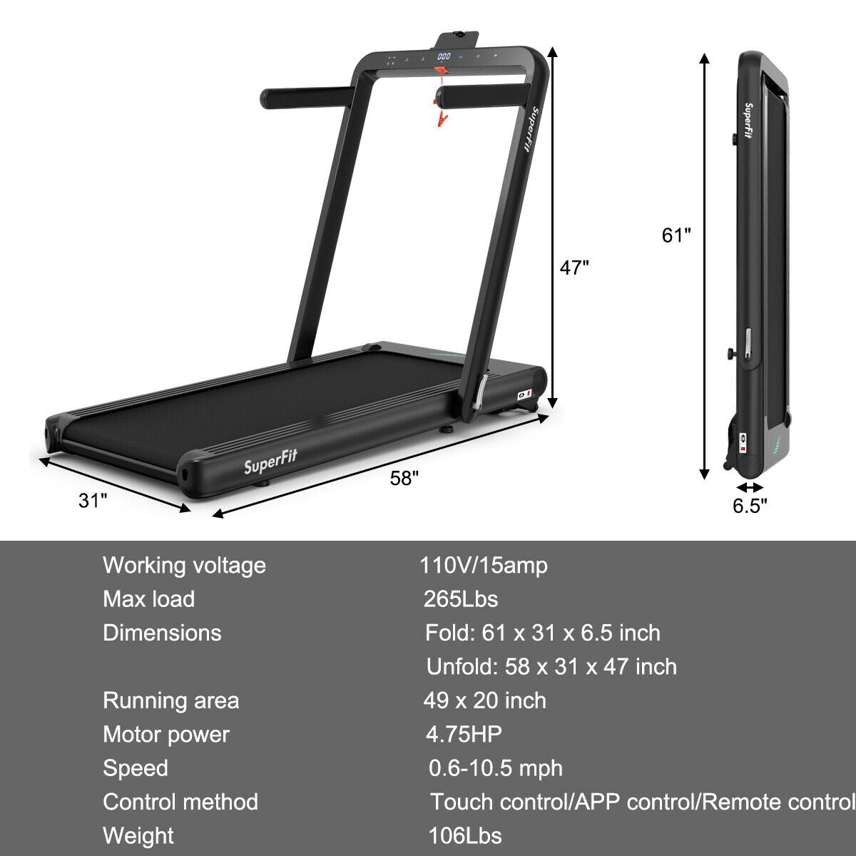 4.75HP 2 In 1 Folding Treadmill with Remote APP Control-Black Kids Crystal