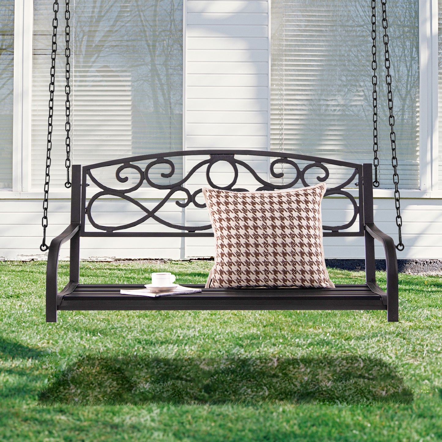 Outdoor 2-Person Metal Porch Swing Chair with Chains-Brown Kids Crystal