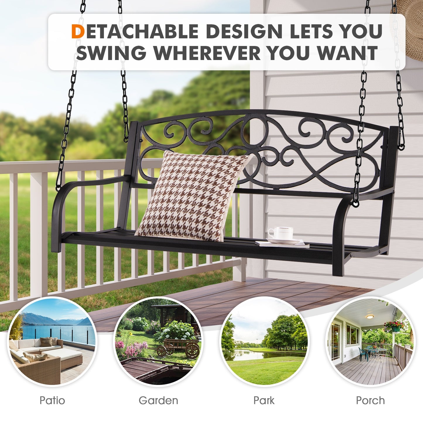Outdoor 2-Person Metal Porch Swing Chair with Chains-Brown Kids Crystal