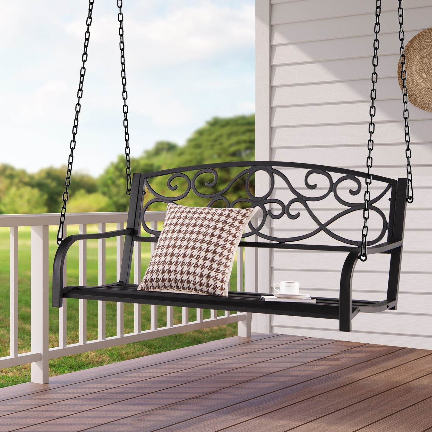 Outdoor 2-Person Metal Porch Swing Chair with Chains-Brown Kids Crystal