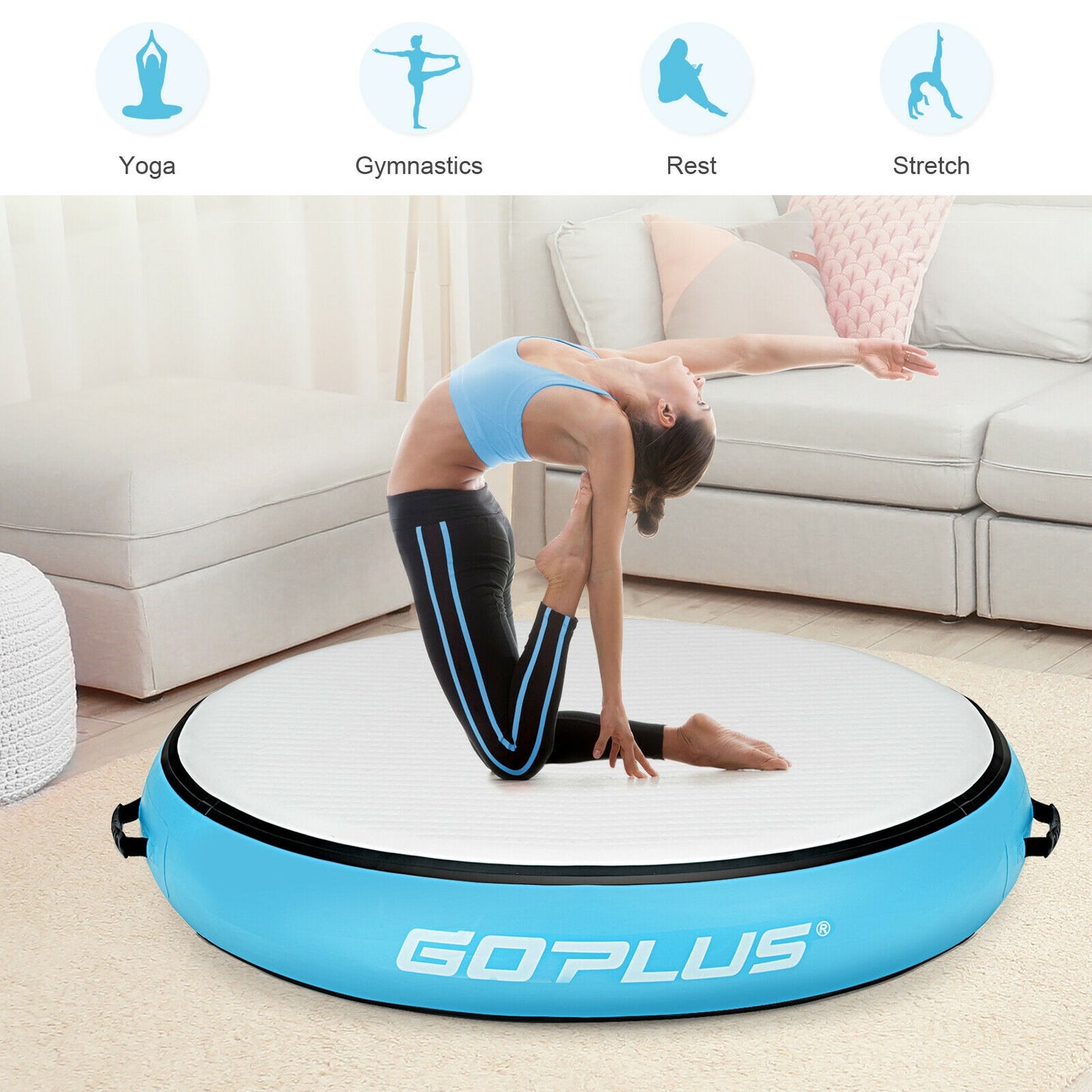 40 Inch Inflatable Round Gymnastic Mat Tumbling Floor Mat with Electric Pump-Blue Kids Crystal