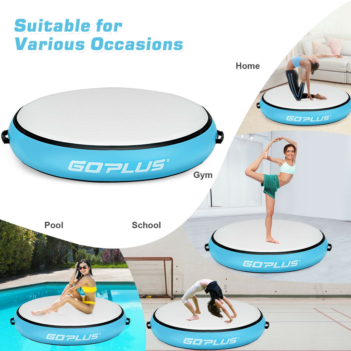 40 Inch Inflatable Round Gymnastic Mat Tumbling Floor Mat with Electric Pump-Blue Kids Crystal