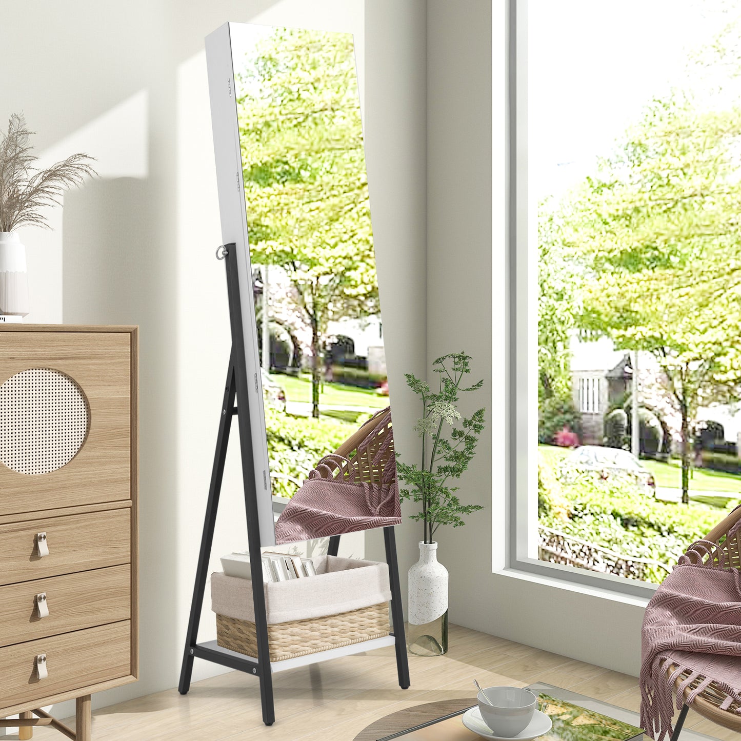 Freestanding Jewelry Cabinet with Full-Length Mirror-White Kids Crystal
