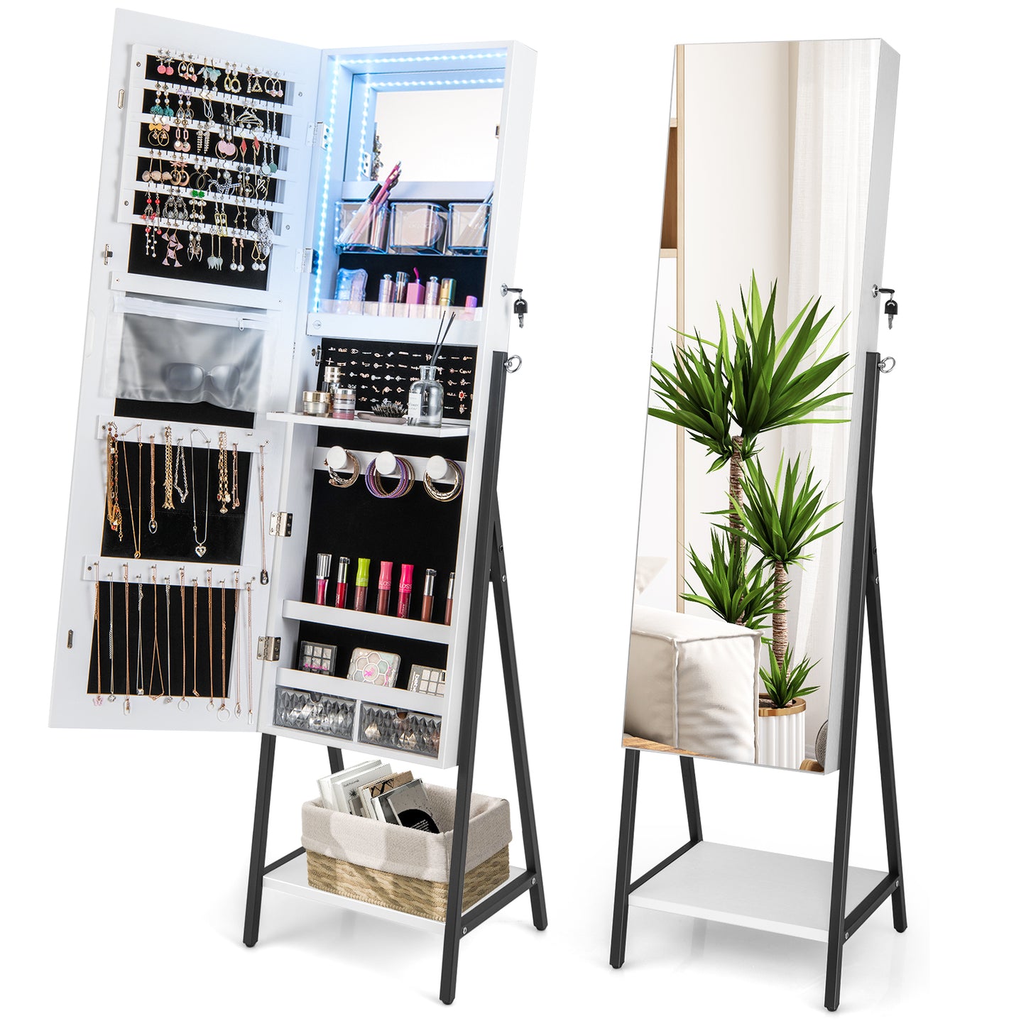 Freestanding Jewelry Cabinet with Full-Length Mirror-White Kids Crystal