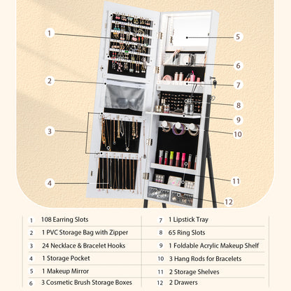 Freestanding Jewelry Cabinet with Full-Length Mirror-White