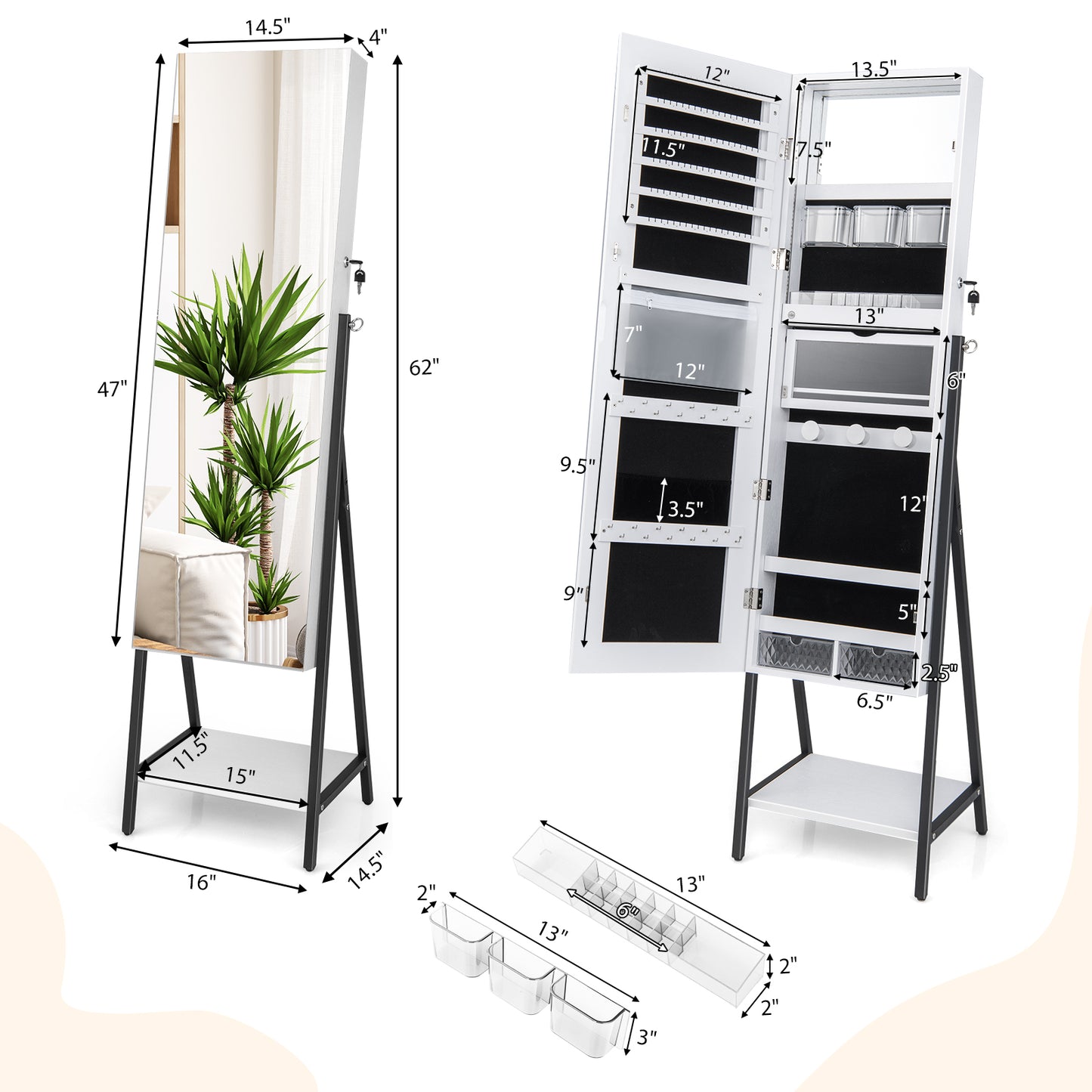 Freestanding Jewelry Cabinet with Full-Length Mirror-White Kids Crystal