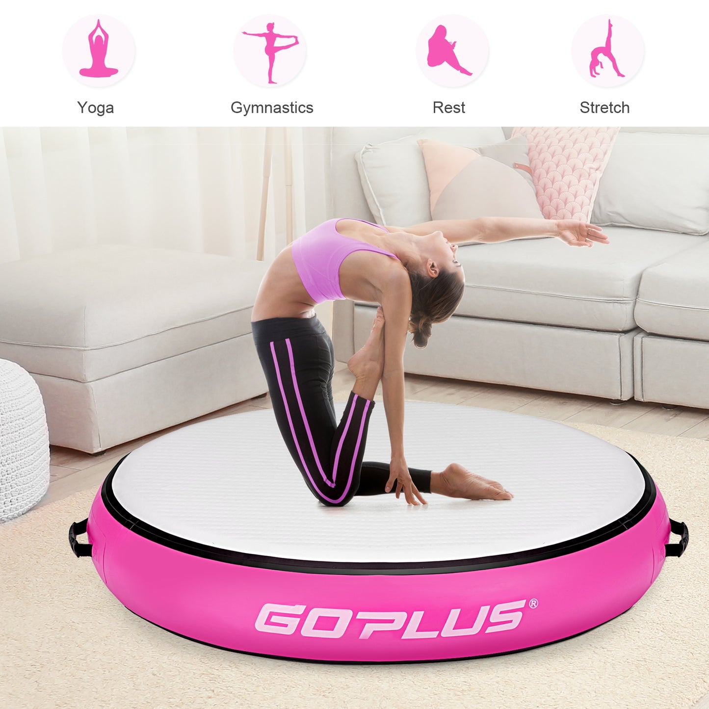 40 Inch Inflatable Round Gymnastic Mat Tumbling Floor Mat with Electric Pump-Pink Kids Crystal