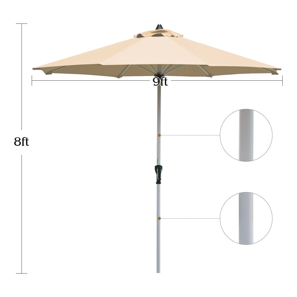 9 Feet Patio Outdoor Market Umbrella with Aluminum Pole without Weight Base-Beige Kids Crystal